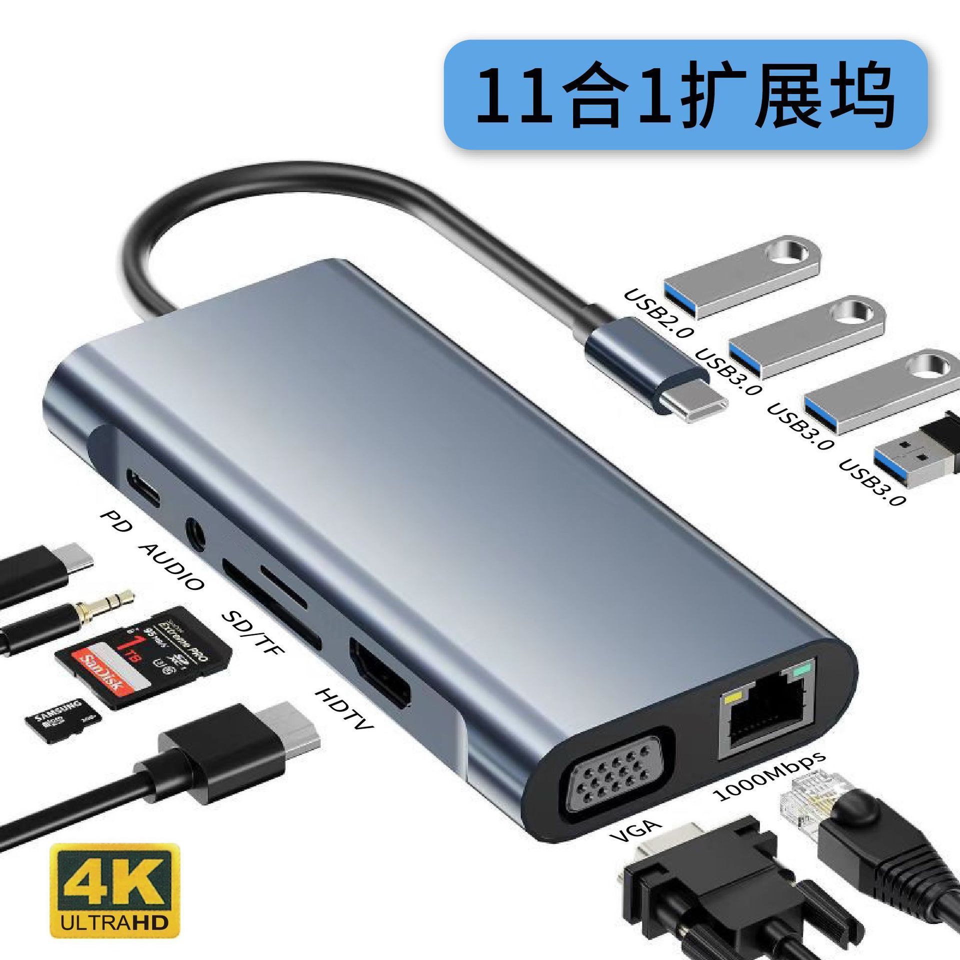 11-in-1 Docking Station Multi-function Hub Type-C Converter USB Multi-function Docking Station