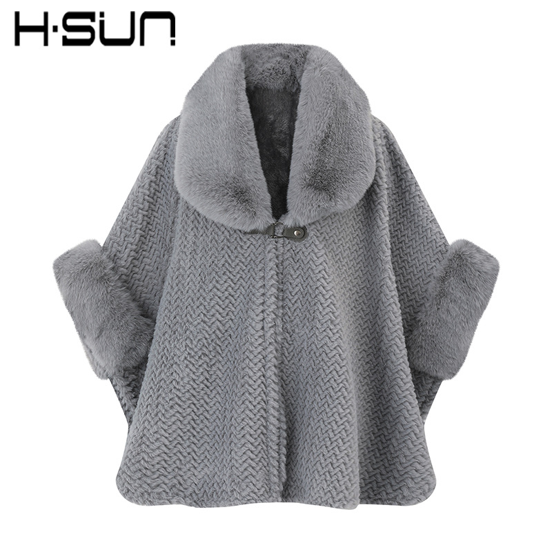 Solid Color Large Fur Collar Cape Coat Plush Thick Warm Mid-Length Loose Cape Cardigan