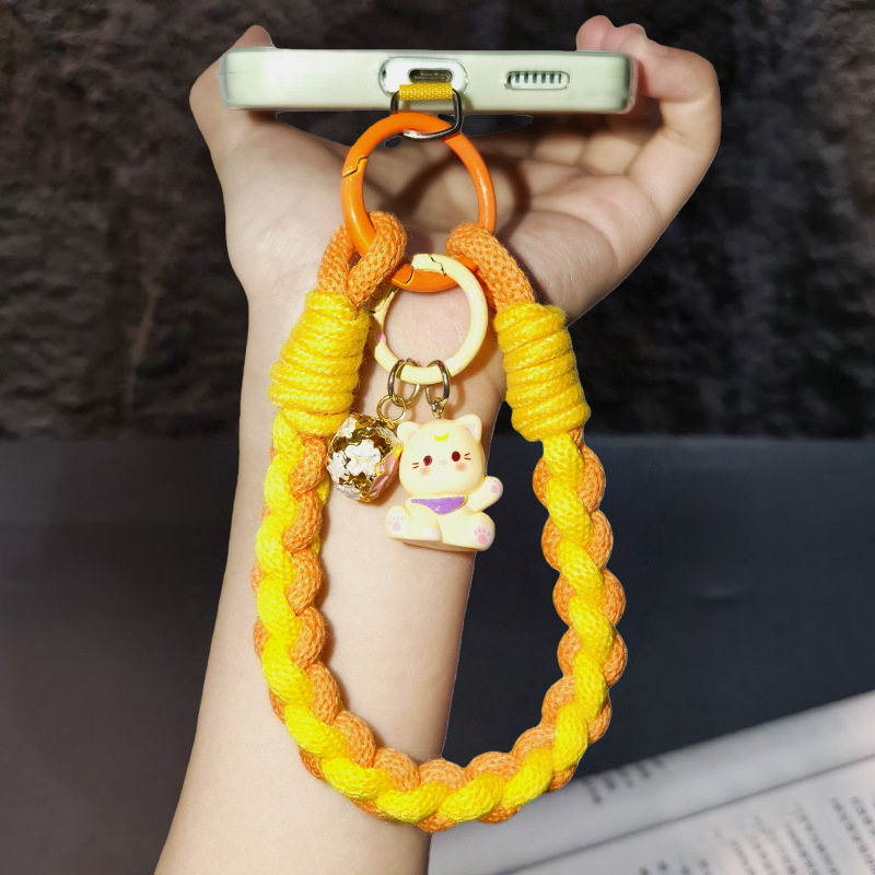 Hydrangea Phone Lanyard Hand Wrist Strap Black Brown Woven Cotton Rope Pendant Anti-Loss Phone Chain Women Cat Pendant