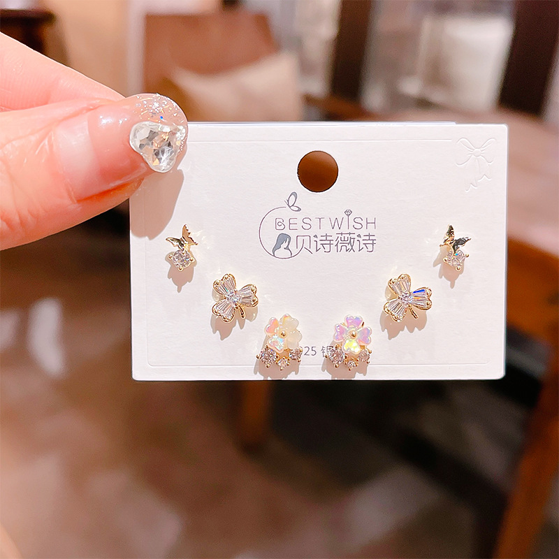 Wind real gold electroplated copper-set zircon 6 pieces three pairs of small earrings collection, earring accessories