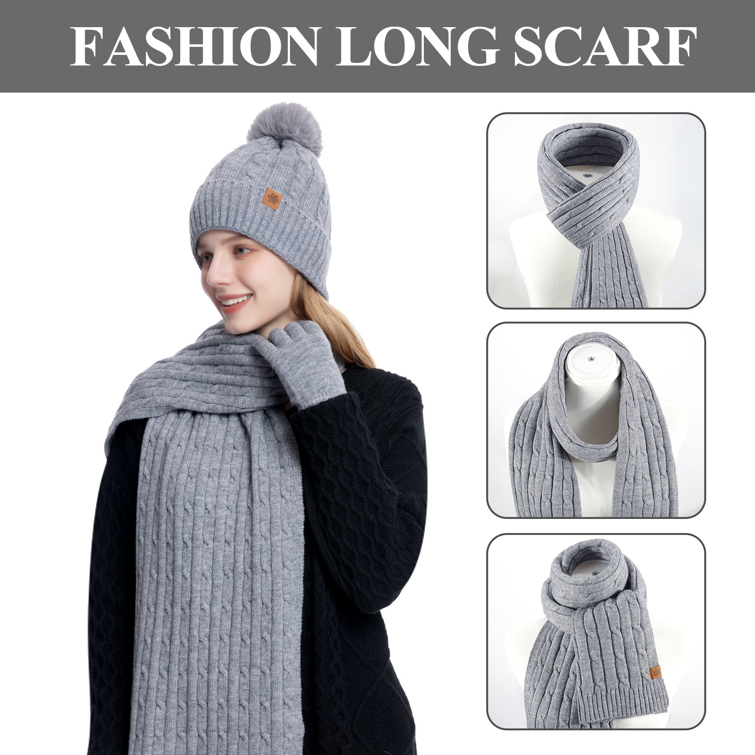 Knitted Hat Women Winter Double-Layer Fleece-Lined Thick Warm Wool Hat Scarf Gloves Three-Piece Set