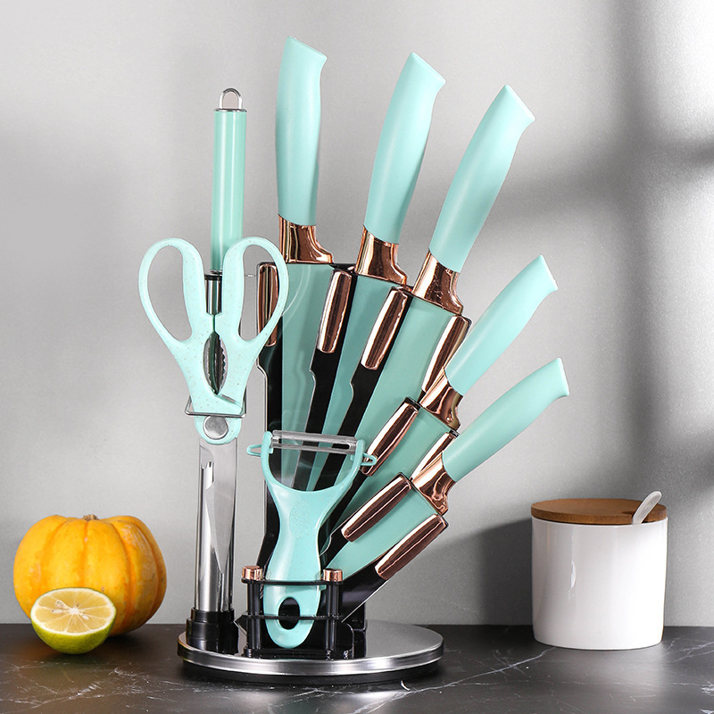 New kitchen knife set 9-piece stainless steel electroplated head with rotating acrylic knife holder ready