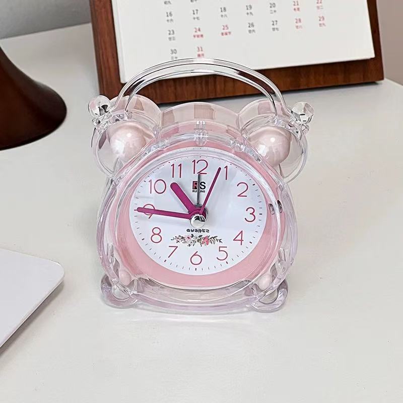 Cute Crystal Transparent Alarm Clock with Night Light for Children and Students, Bedroom Dormitory Desktop Clock