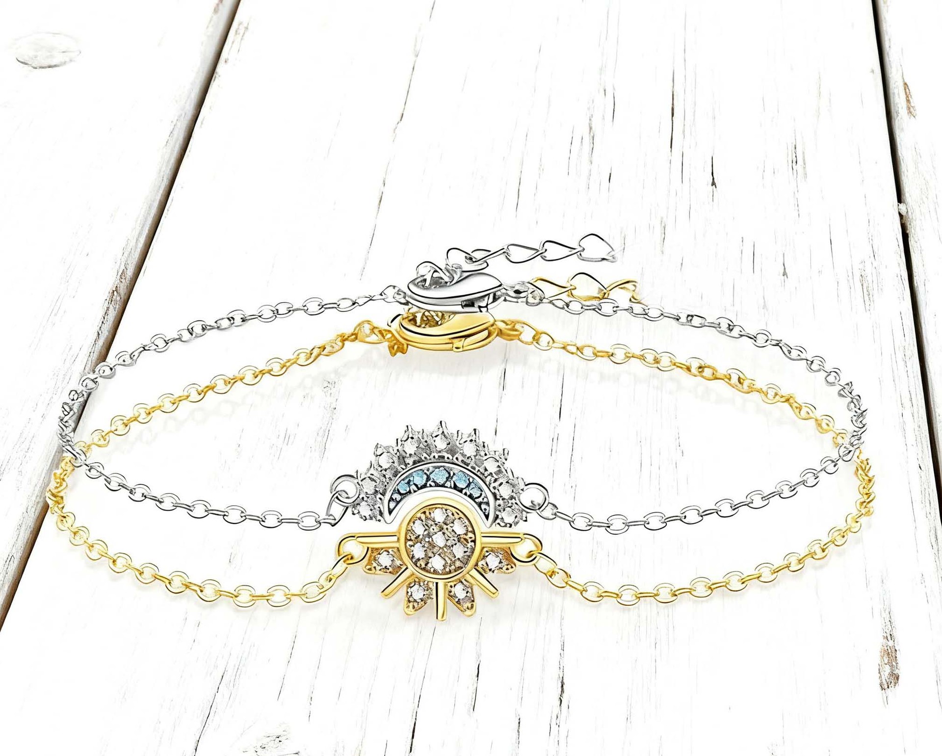 Sun and Moon Overlapping Open Ring with New Diamond-like Ring Design Combination Ring