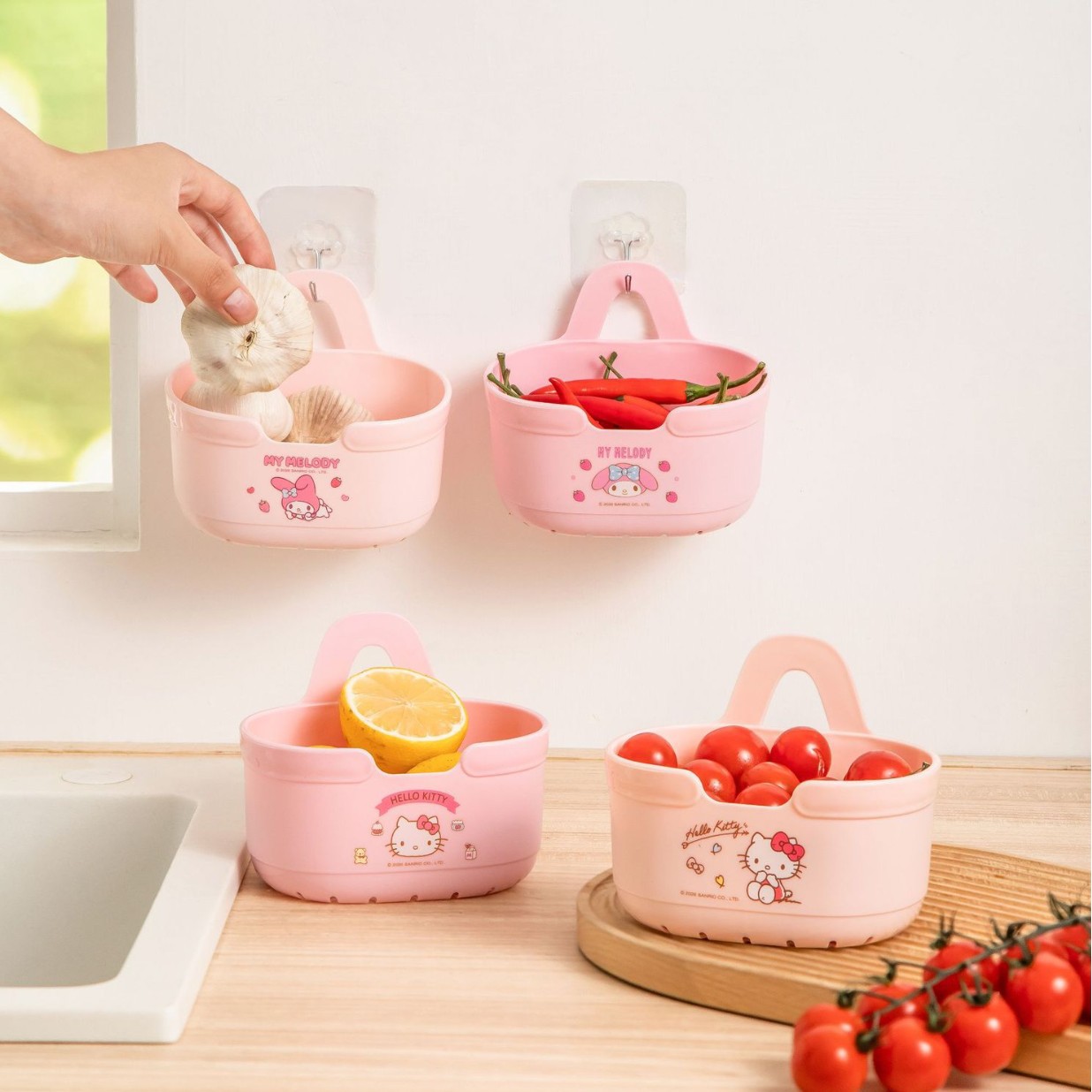 Sanrio Official Wall-Mounted Storage Basket Large Capacity No-Drilling Sterilization Box Storage Basket Traceless Antibacterial Kitchen