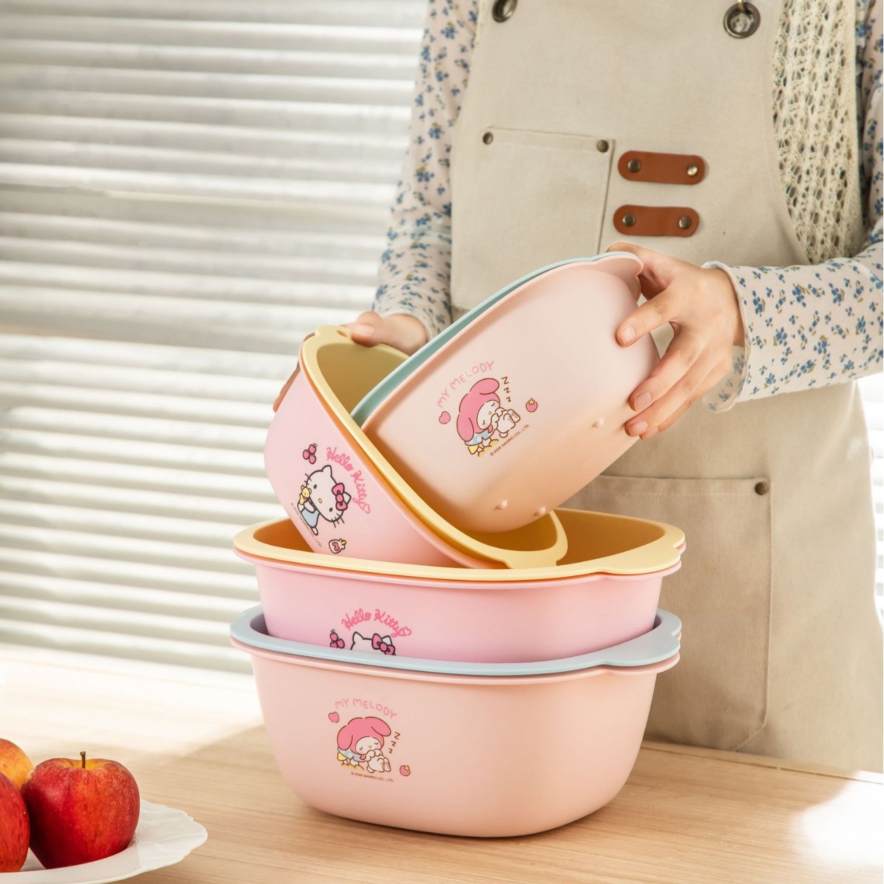 Sanrio Official Draining Basket Set Vegetable Washing Bowl Kitchen Dopamine Double-Layer Fruit Washing Basket Draining Bowl