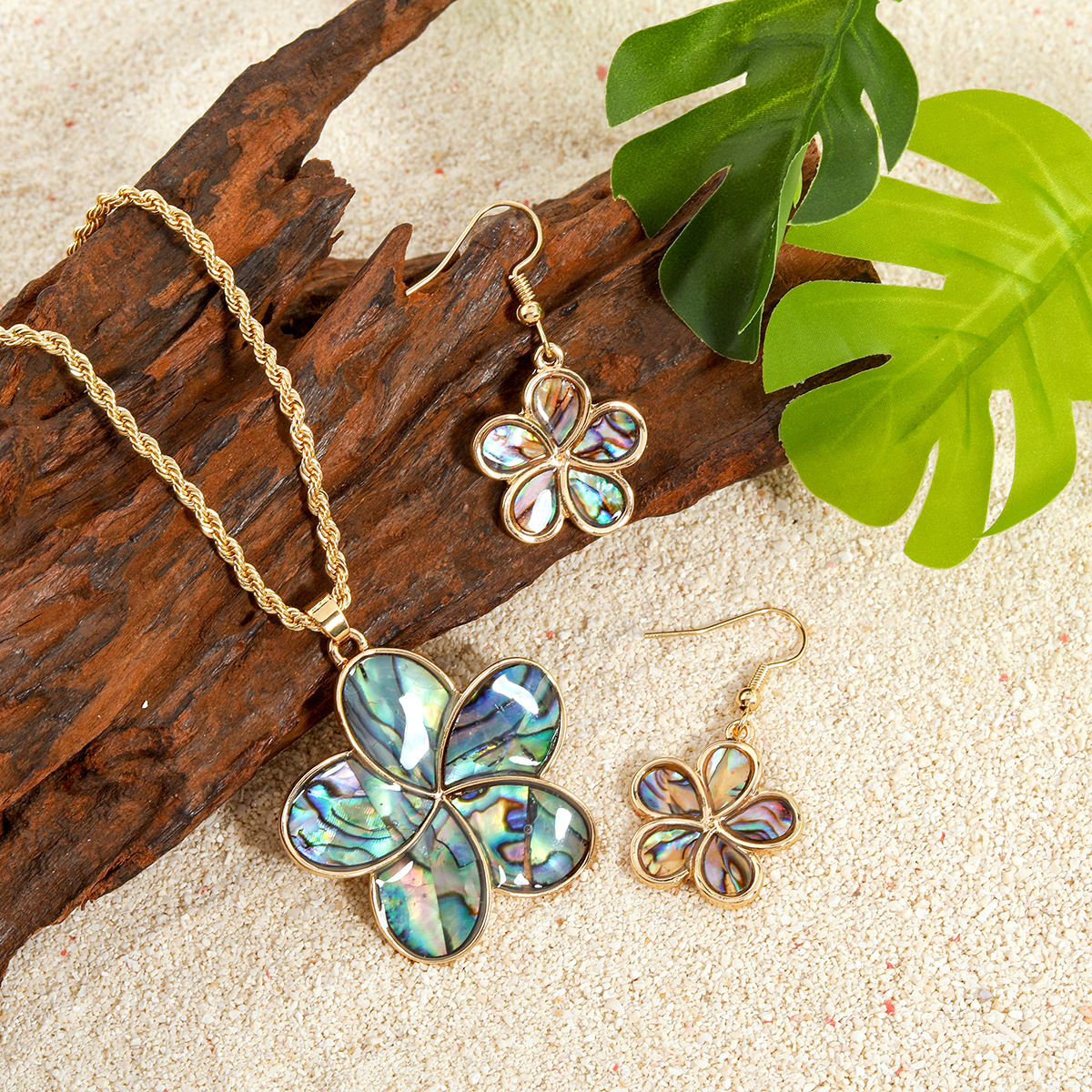 Women's Natural Abalone Shell Applique Jewelry Set Five-Petal Flower Long Sweater Chain Twisted Chain Necklace