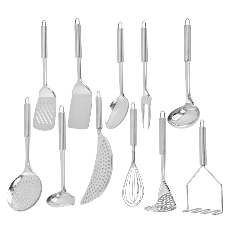 Round handle stainless steel spatula kitchen utensil set kitchen spoon spatula slotted spoon rice spoon meat fork utensil cooking 11-piece set