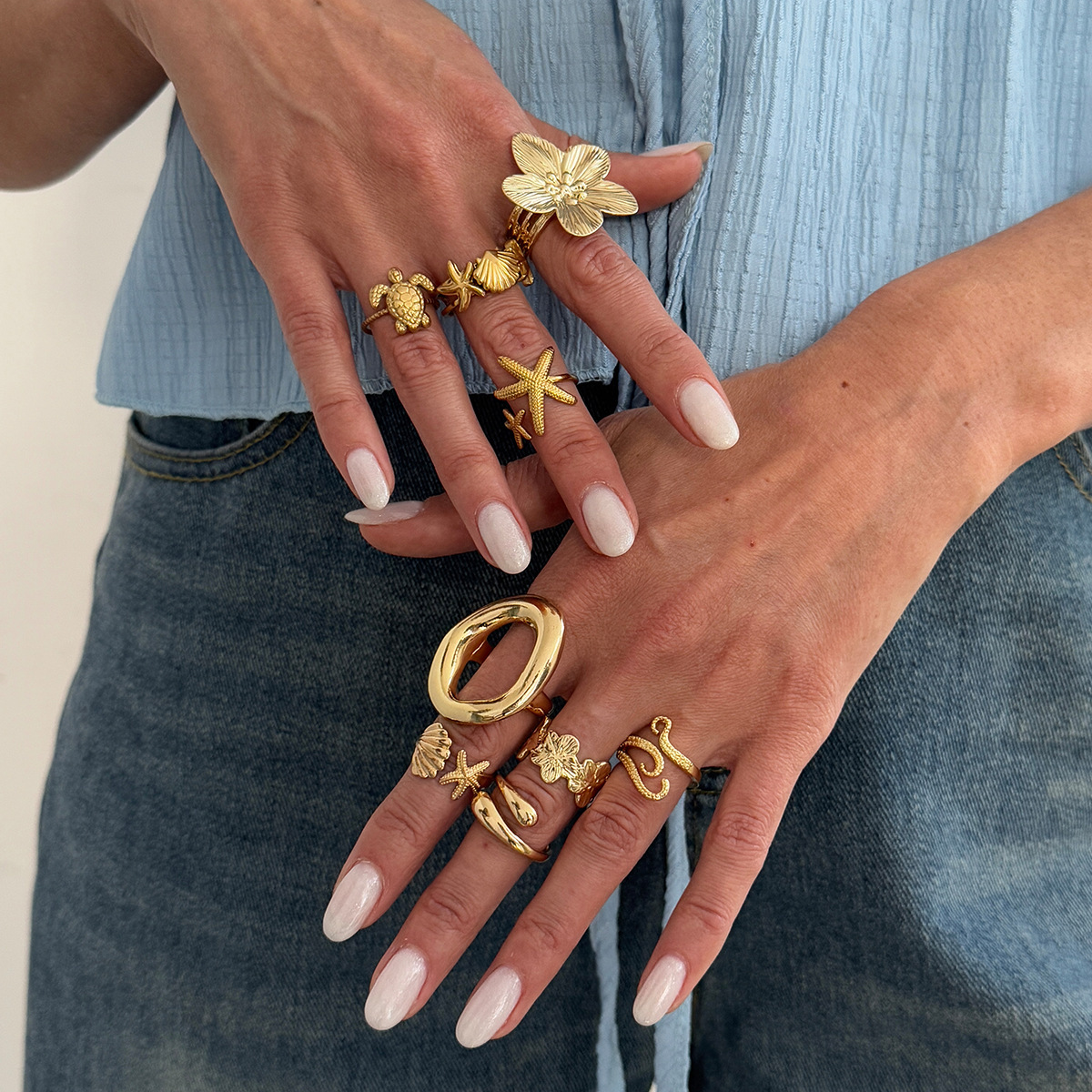 Jewelry vacation style starfish scallop open ring alloy flower ring set smooth surface