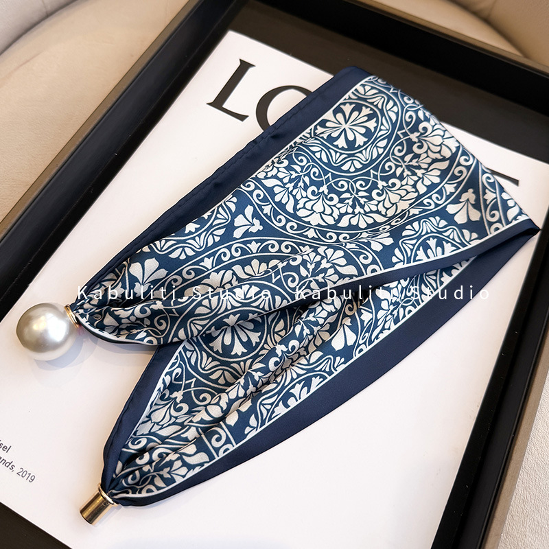 Magnetic buckle pearl necklace narrow small long strip silk scarf women neck protection mother matching shirt thin scarf