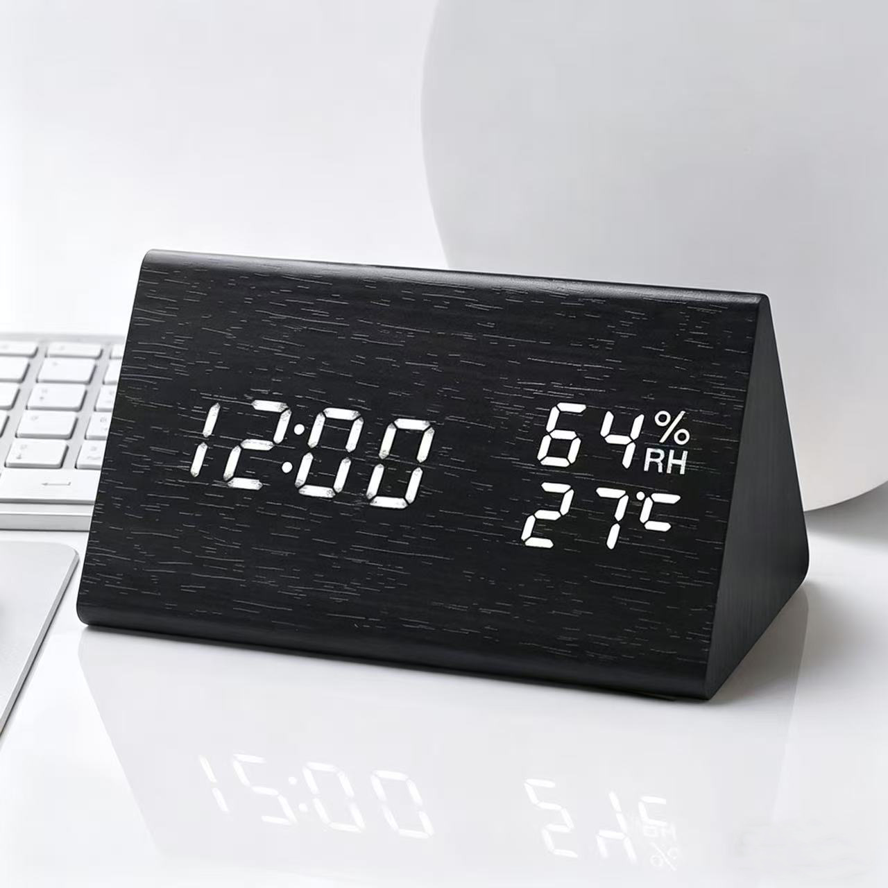 Smart voice-controlled wooden digital alarm clock, temperature and humidity clock, PVC wooden office clock, student electronic clock, LED wooden clock