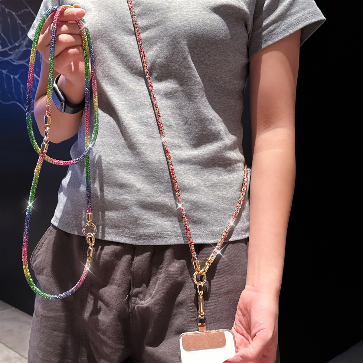 3-in-1 Rhinestone Crossbody Lanyard Luxury Full Diamond Strong Anti-loss Detachable Necklace Hand Chain Anti-loss
