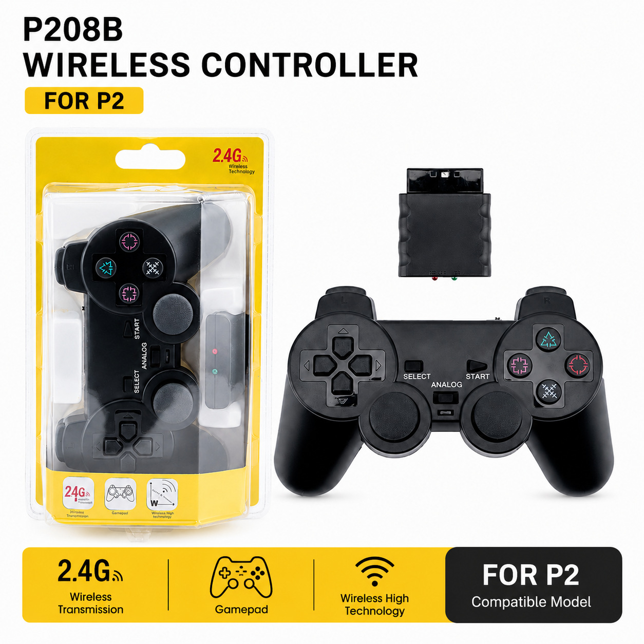 P2 Wireless Game Controller Dual Vibration 2.4G Wireless Supports P2 Console 16 Colors Transparent