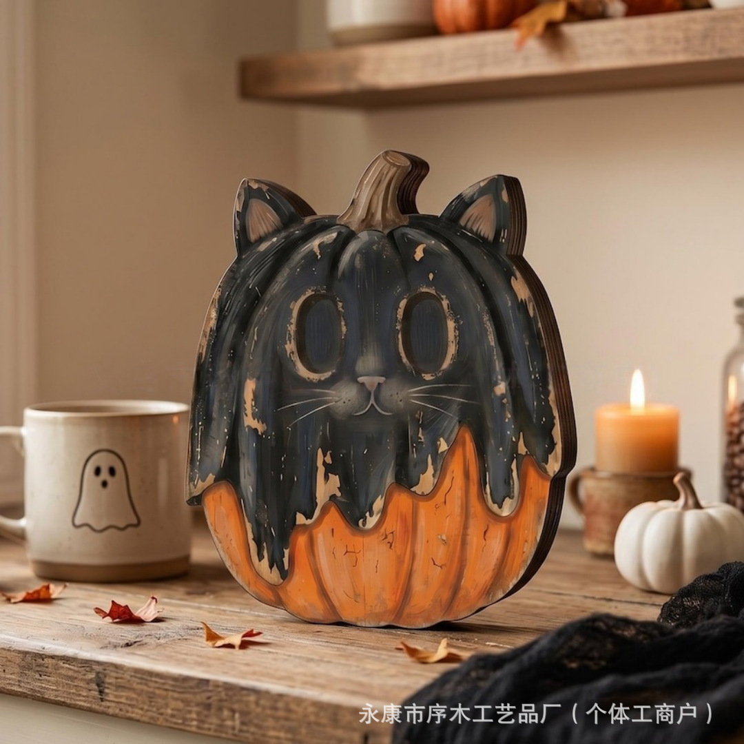 Distressed Halloween Pumpkin Shaped Wooden Tabletop Ornament Autumn Home Tabletop Craft Ornament