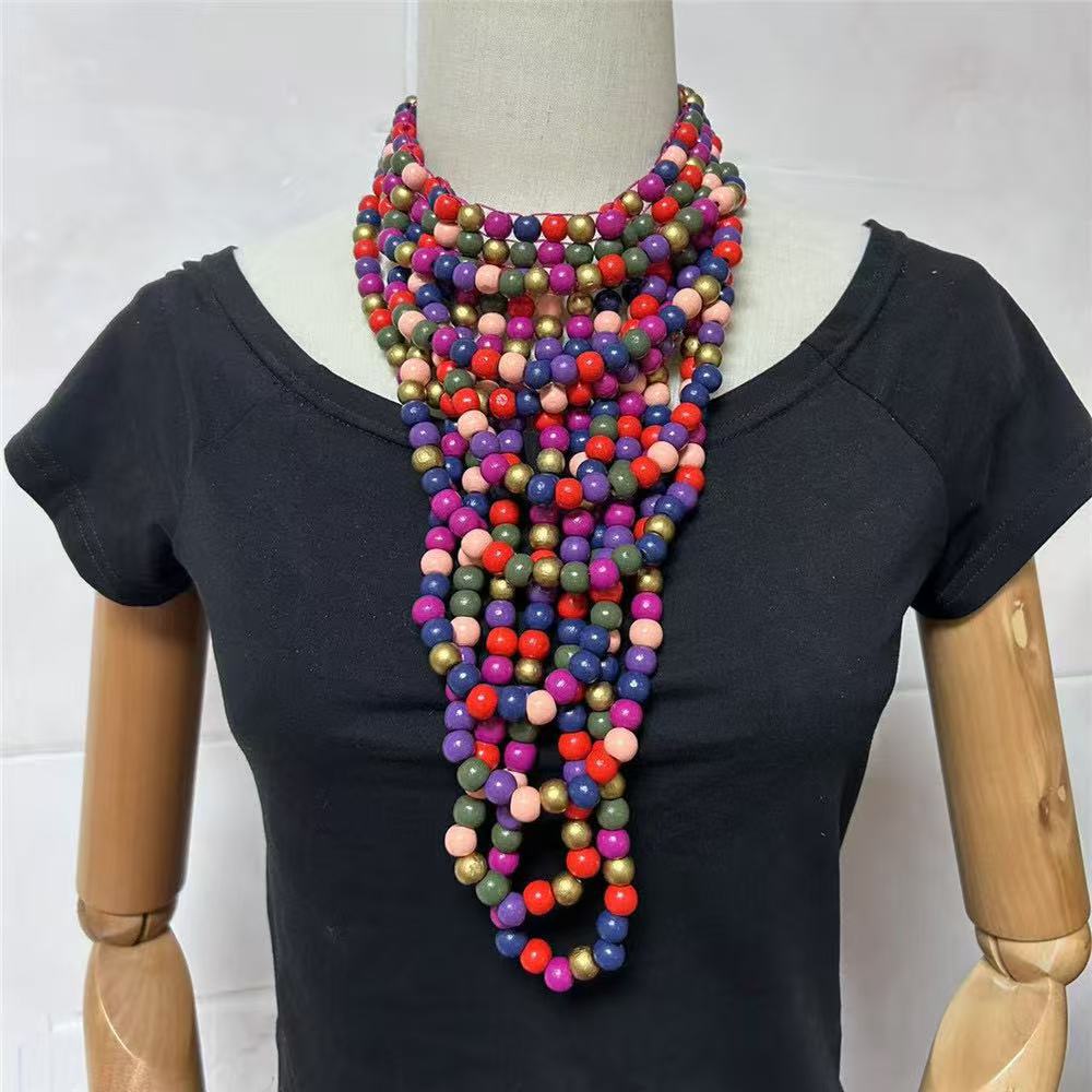 Ethnic style multi-layer colored wooden pieces bead necklace and earring set party accessories necklace