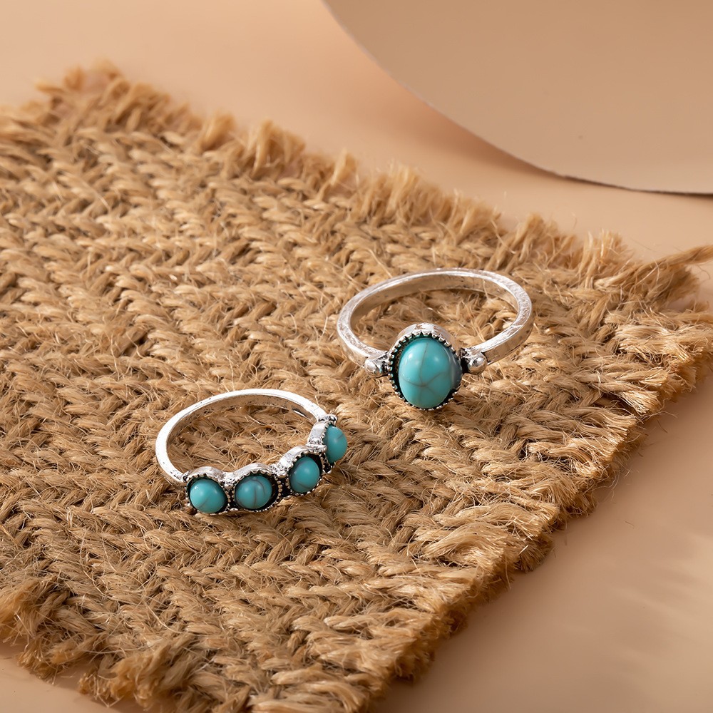 Ethnic Style Turquoise Carved Feather Ring 8-Piece Combination Ring Set