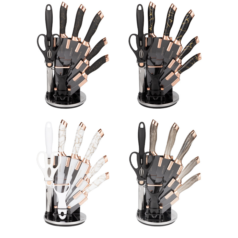 Stainless Steel Spray Painted Knife Set Storage Rack Rose Gold Nine-Piece Set Marble Pattern Home Knife Set Combination