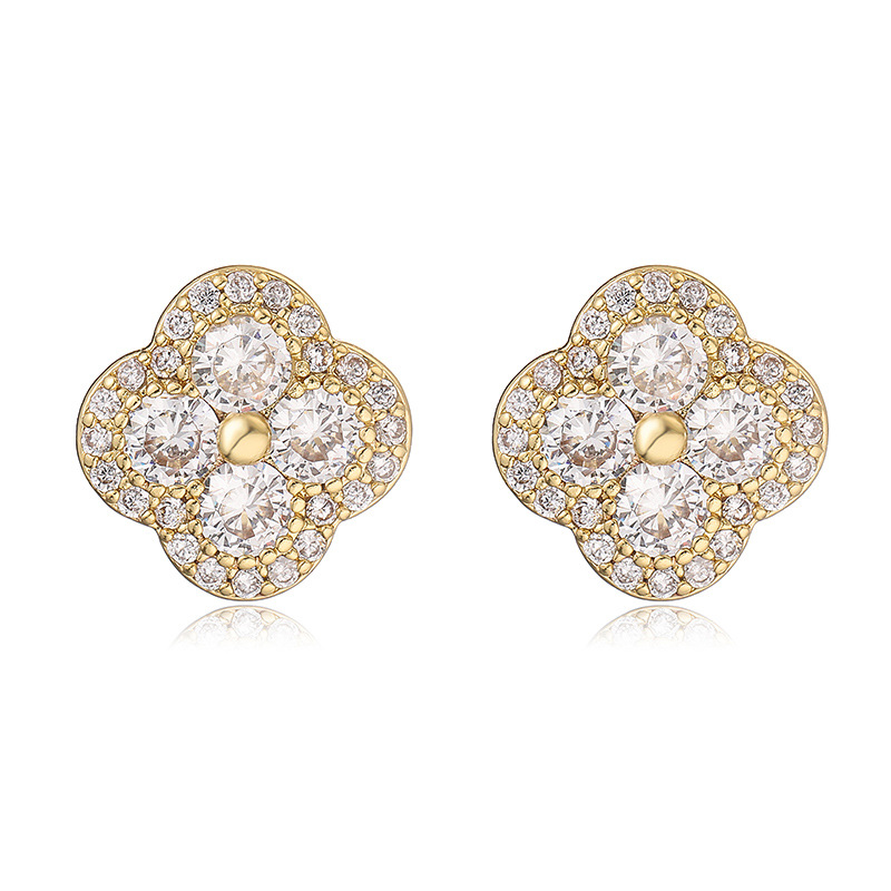 Copper Inlaid Colorful Diamond Four-Leaf Clover Stud Earrings for Women Flower Petal Earrings Earrings