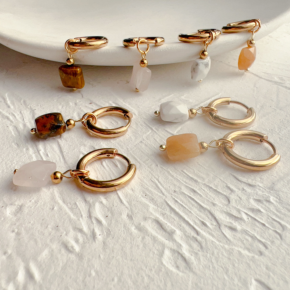 INS-Style Square Earrings: 18K Gold-Plated Stainless Steel Clips with Natural Stone Rhombus Pendants for Women