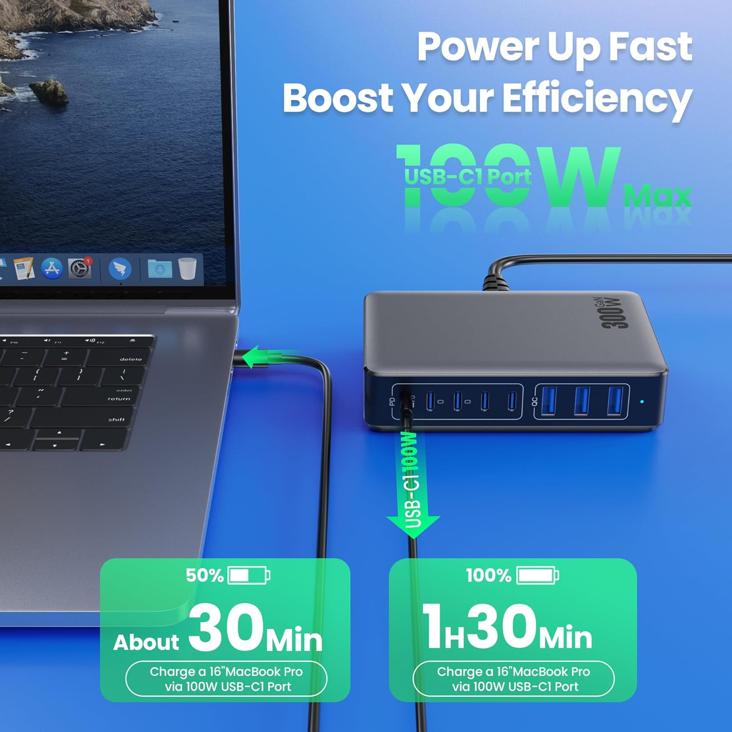Strictly Selected GaN 300W Mobile Phone Multi-Port Charger TYPE-C Multi-Port High Power Desktop Charging Station