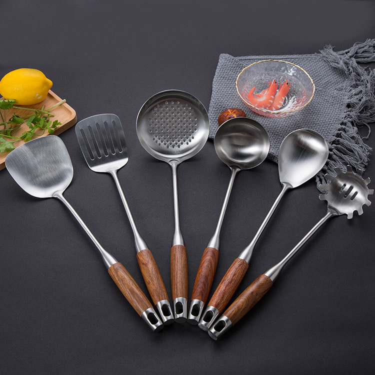 304 stainless steel spatula set, kitchen cooking spatula set, household rosewood handle stainless steel soup spoon, strainer, frying spatula