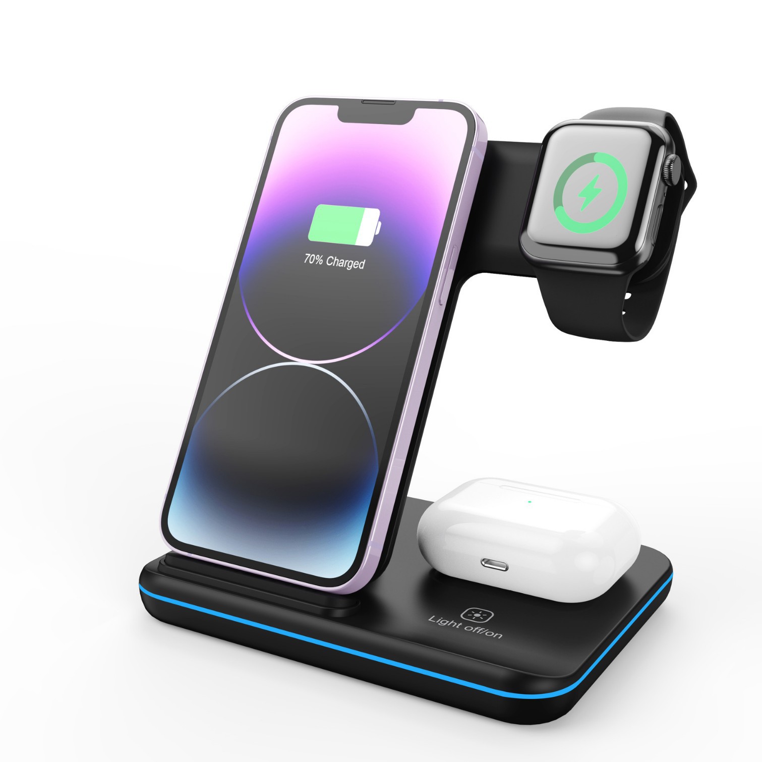 Three-in-one wireless charger vertical desktop stand wireless charger for phones watches earphones fast charging 15W