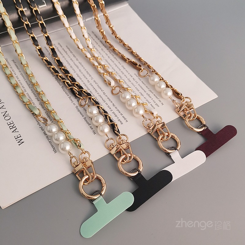 Diagonal crossbody pearl leather card chain phone lanyard women small fragrance long back strap metal chain Nordic style new