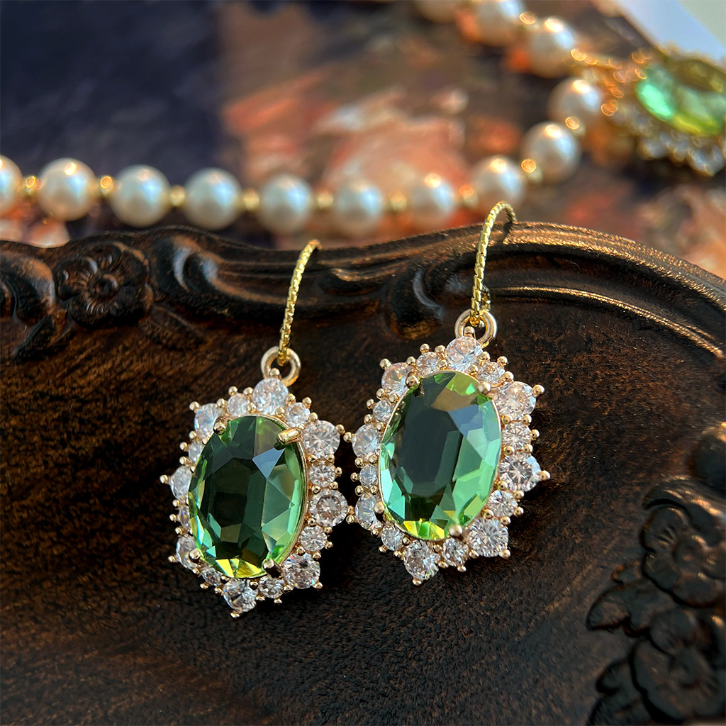 Vintage Retro Colored Gem Green Zircon Earring Collection Court Style Ear Studs Ear Accessories