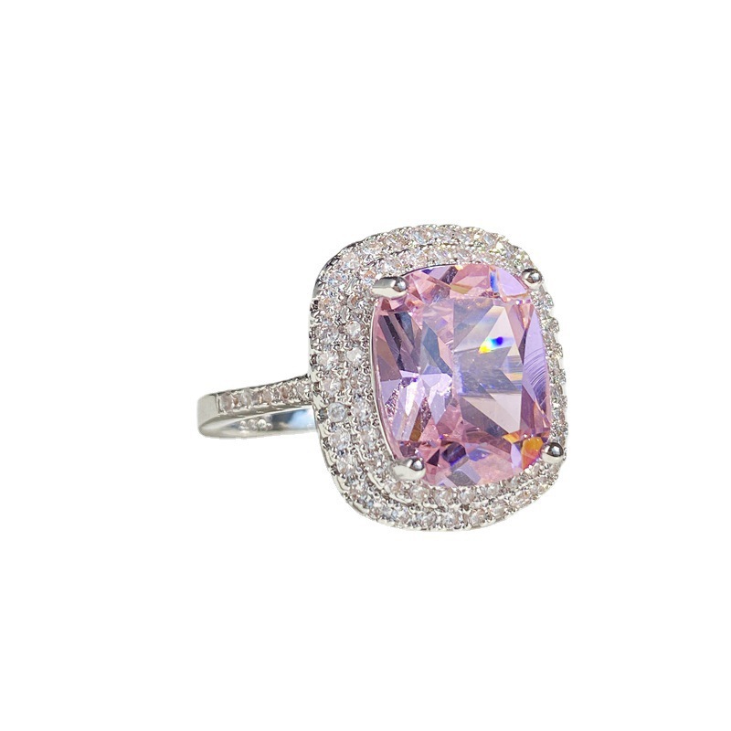 Rectangular pink zircon ring elegant micro-set zircon ring jewelry