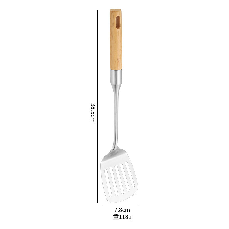304 stainless steel spatula spoon beech wood wok spatula soup spoon anti-scald chef spoon spatula Shuangli wooden handle set long handle
