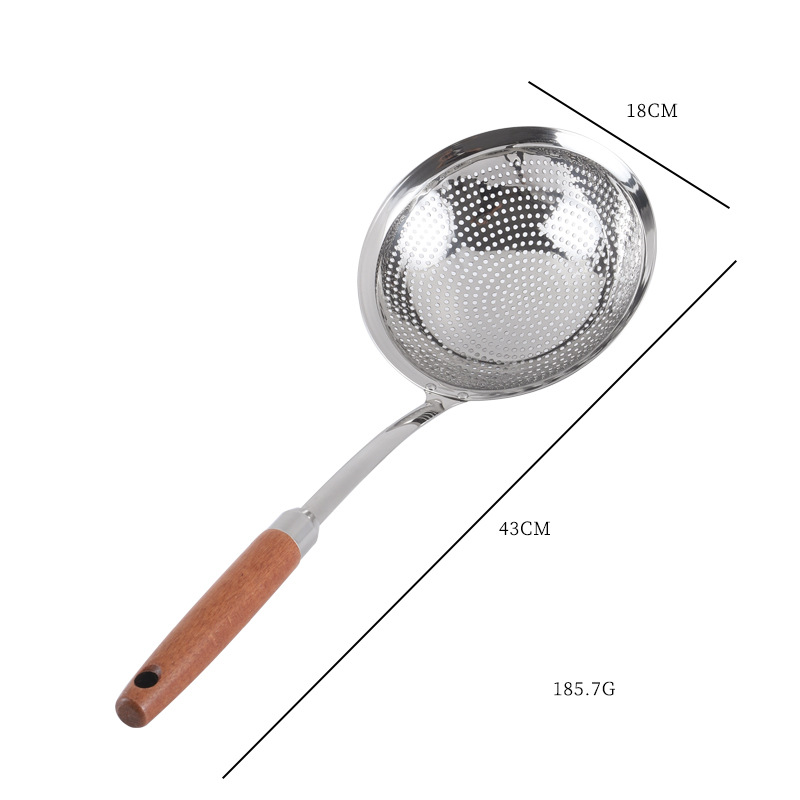 304 stainless steel beech wood handle large slotted spoon long handle hot pot frying skimmer/large size draining filter large slotted spoon kitchenware