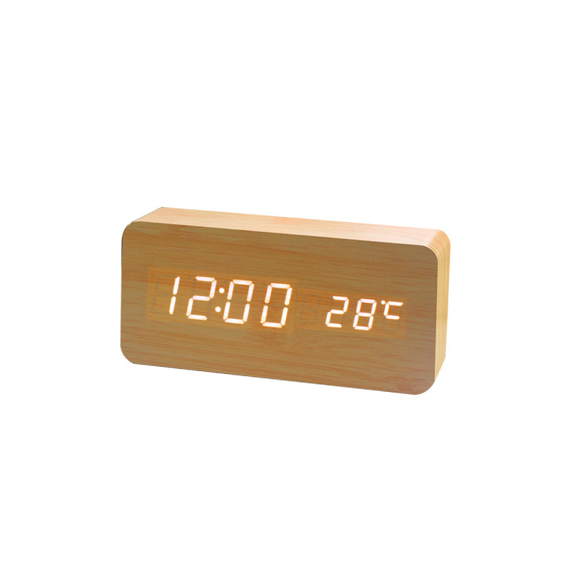Wooden alarm clock, voice-activated night light silent temperature alarm clock, home student LED digital alarm clock