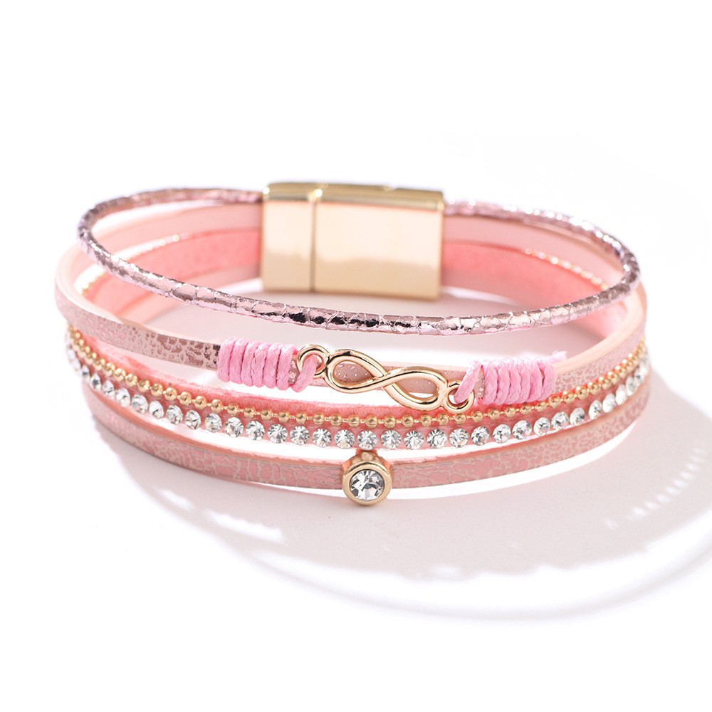Bohemian Cross Bracelet with Micro Rhinestones Magnetic Buckle PU Leather Bracelet