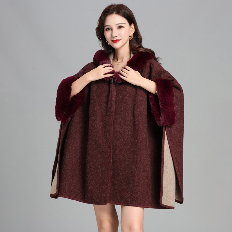 Imitation Rabbit Fur Collar Hooded Large Cape Poncho Women's Knit Cardigan Thick Loose Mid-Length Fur Coat Women