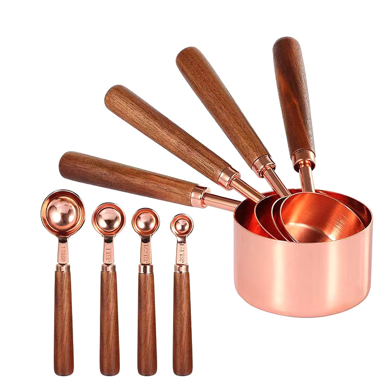Walnut wood stainless steel measuring spoon measuring cup set 8-piece set with scale baking tool 4-piece set rose gold spoon