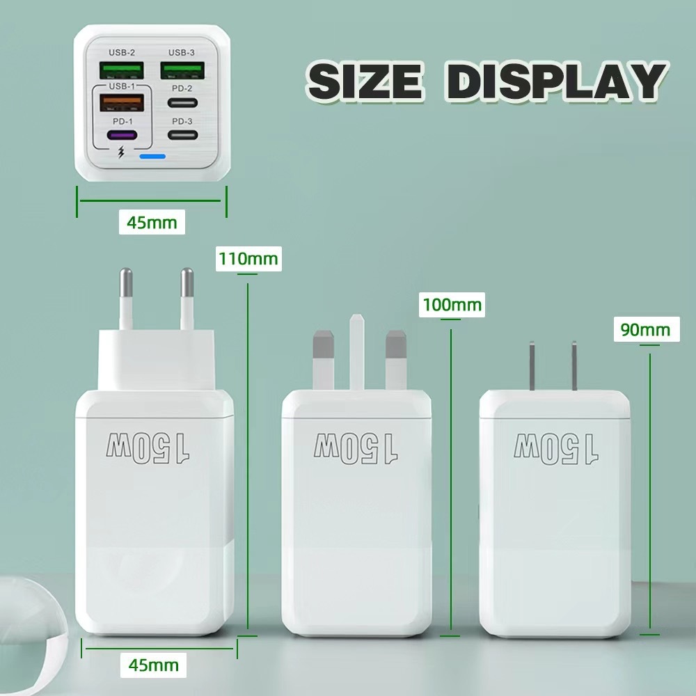 New 150W Multi-Port Charger 3USB+3PD Phone 6-in-1 Multi-Port Charging Head 5V3.1A Fast Charger