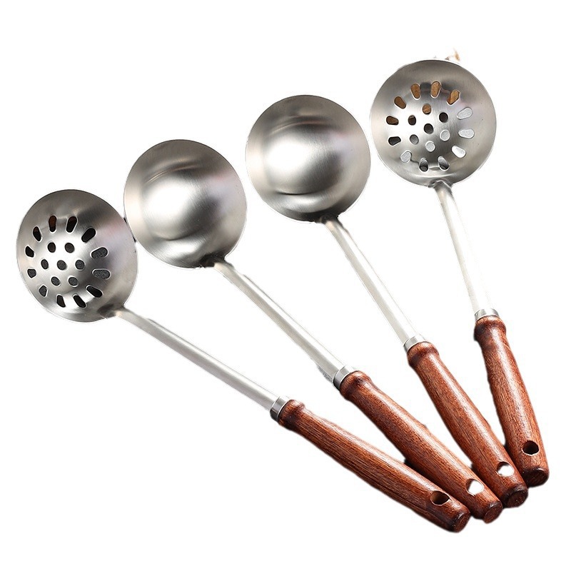 Wooden handle pointed handle stainless steel soup spoon slotted spoon kitchenware tableware hot pot spoon kitchen utensils cooking hangable handle