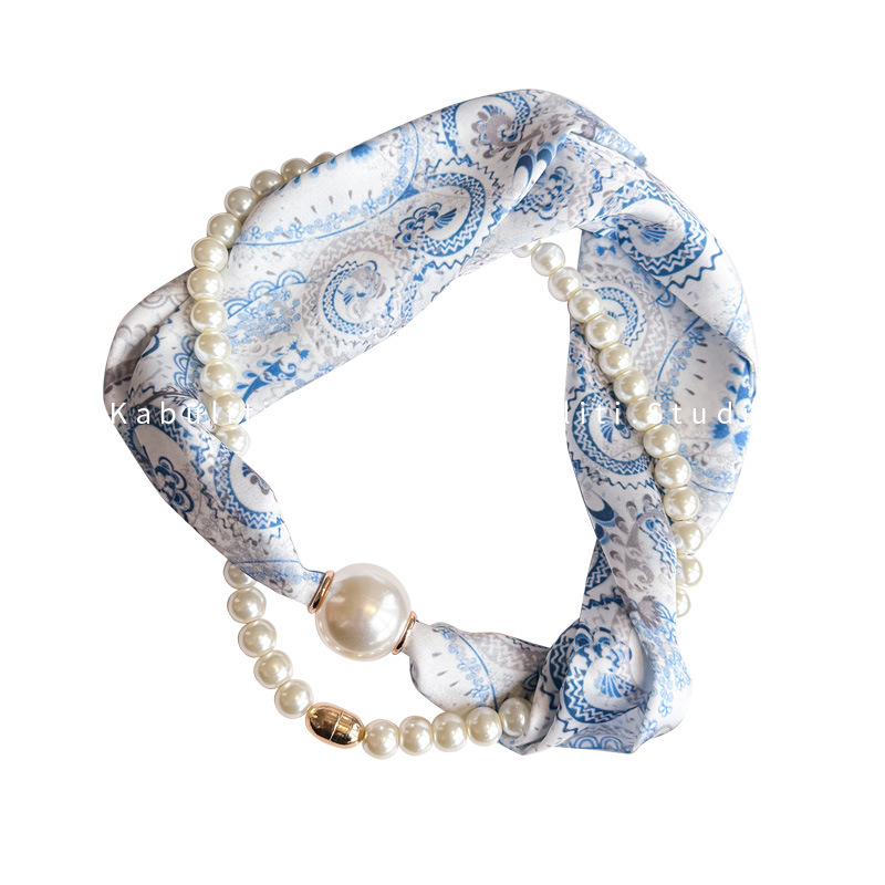 New neck protection pearl small silk scarf for women, two-piece set summer long strip magnetic buckle decorative pendant neck scarf simple wrap