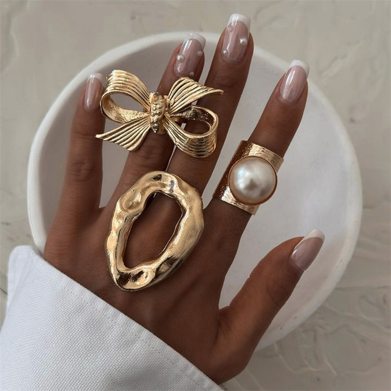 RZ0835 Geometric Metal Style Lava Line Women's Ring Irregular Polished Open Ring Set