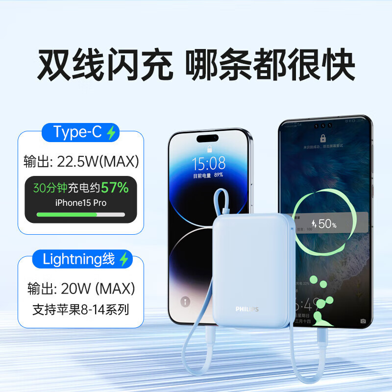 Philips Lanyard Power Bank 20000mAh Large Capacity Dual Cable 22.5W Compatible with Apple Huawei