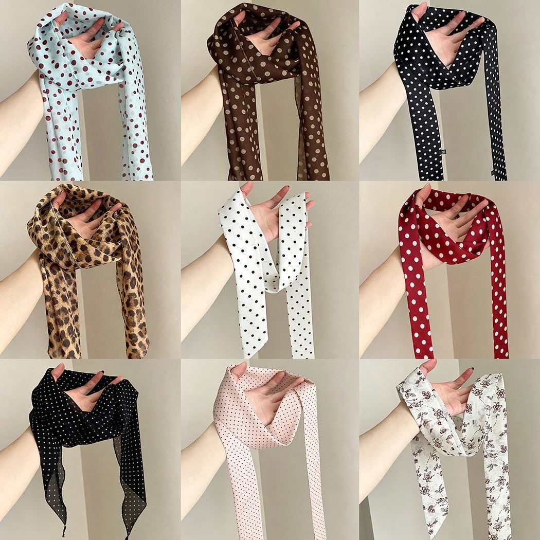 Gentle pink polka dot silk scarf for women minimalist eye-catching thin necktie neck accessory floating hair tie