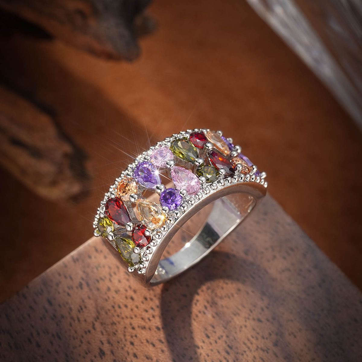 Colored Gemstone Ring Fashion Jewelry Rainbow Color Zircon Jewelry Flower Women's Ring