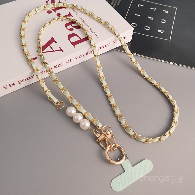 Diagonal crossbody pearl leather card chain phone lanyard women small fragrance long back strap metal chain Nordic style new