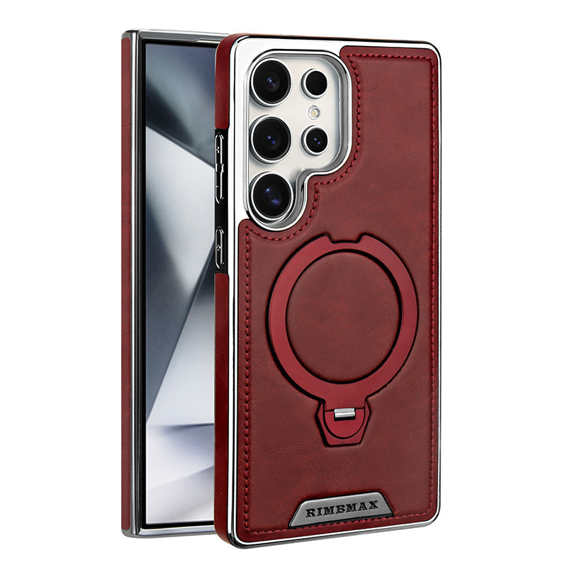 For Samsung S26Ultra Phone Case 360 Rotating Magnetic Bracket Leather Texture S25/S24 Plus Full Coverage