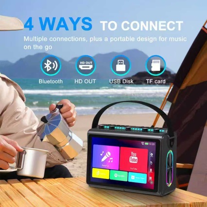 Wireless Dual Microphone Bluetooth Speaker All-in-One with Lyrics Display 10.1-inch HD Touch Screen