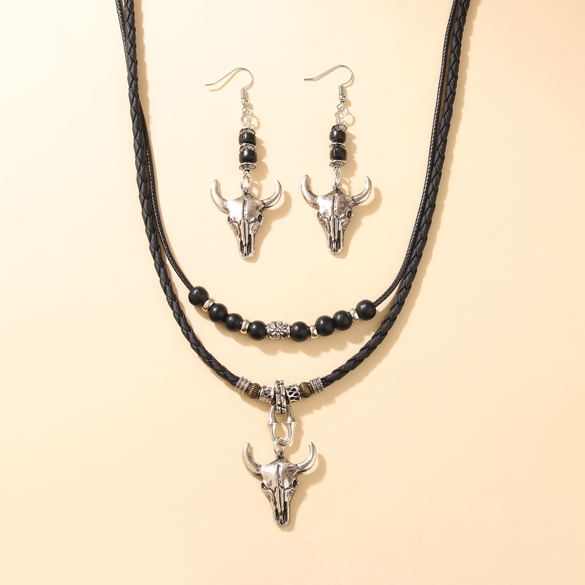 Five-leaf Clover Beaded Wax Rope Necklace Sweater Chain Earring Necklace Set