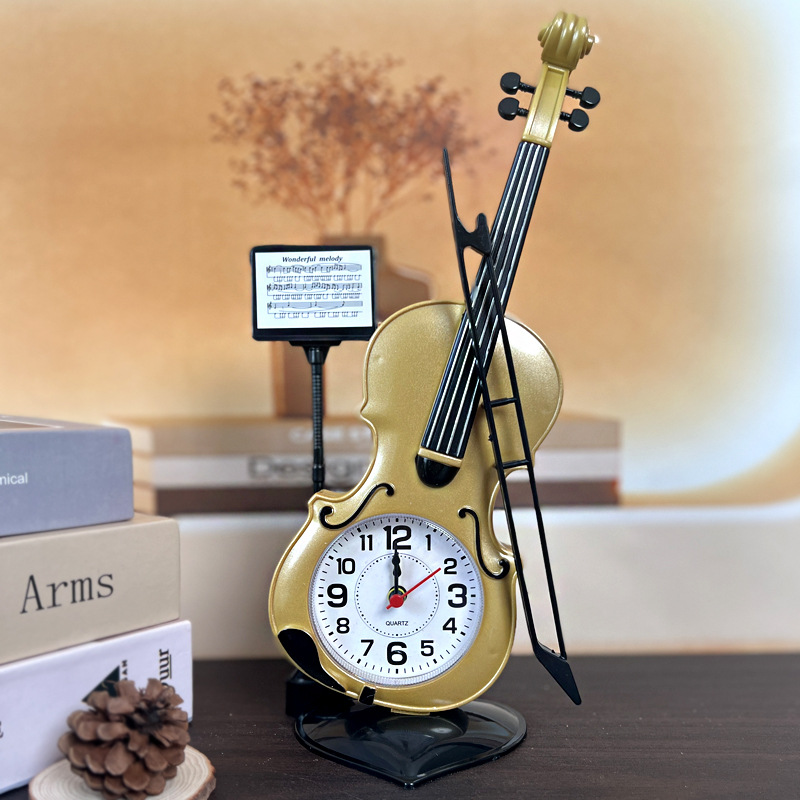 ZH888 Student Desktop Ornament Clock Large Violin Plastic Alarm Clock Couple Friend Classmate Gift