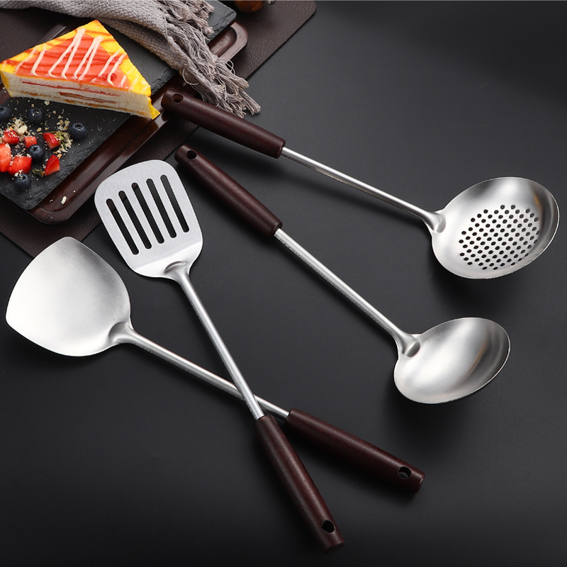 Stainless steel antique wood wok spatula soup spoon kitchen solid wood handle thickened slotted spoon wok spatula spatula spoon set cooking kitchen utensils