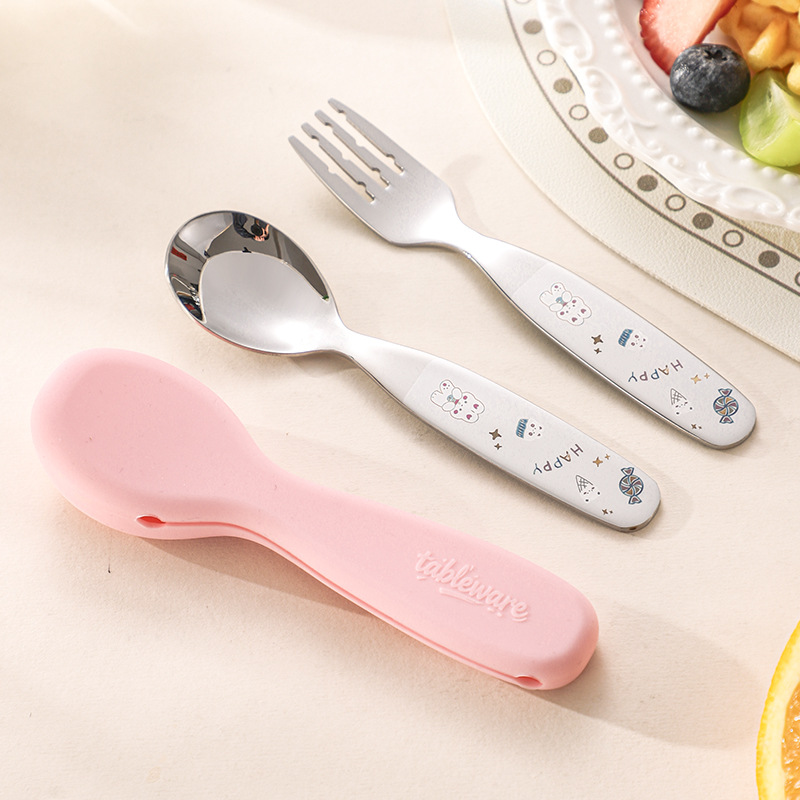 304 stainless steel children's spoon kindergarten cartoon baby food spoon feeding spoon silicone box