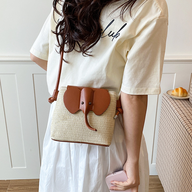 New Woven Bag Cartoon Little Elephant Single-Shoulder Crossbody Bag Zipper Vacation Beach Travel Shopping Cute for Women